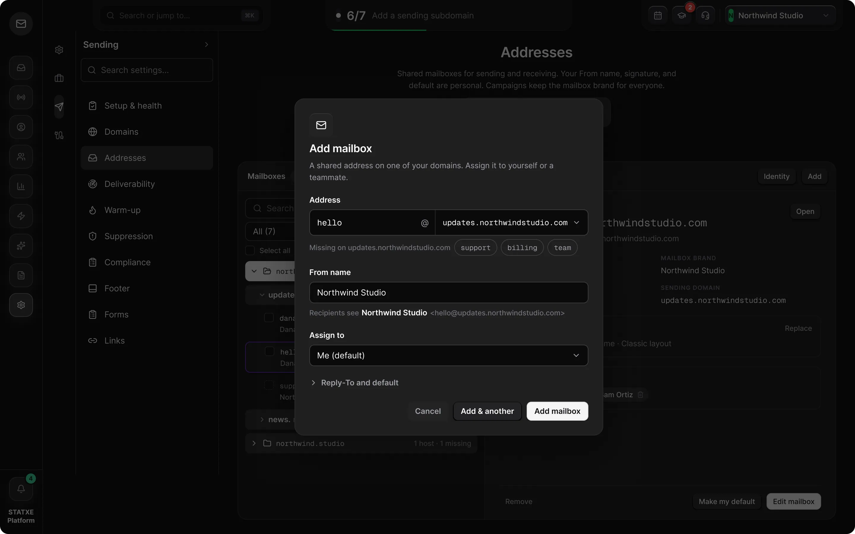 Create a sending address — Fill in the mailbox