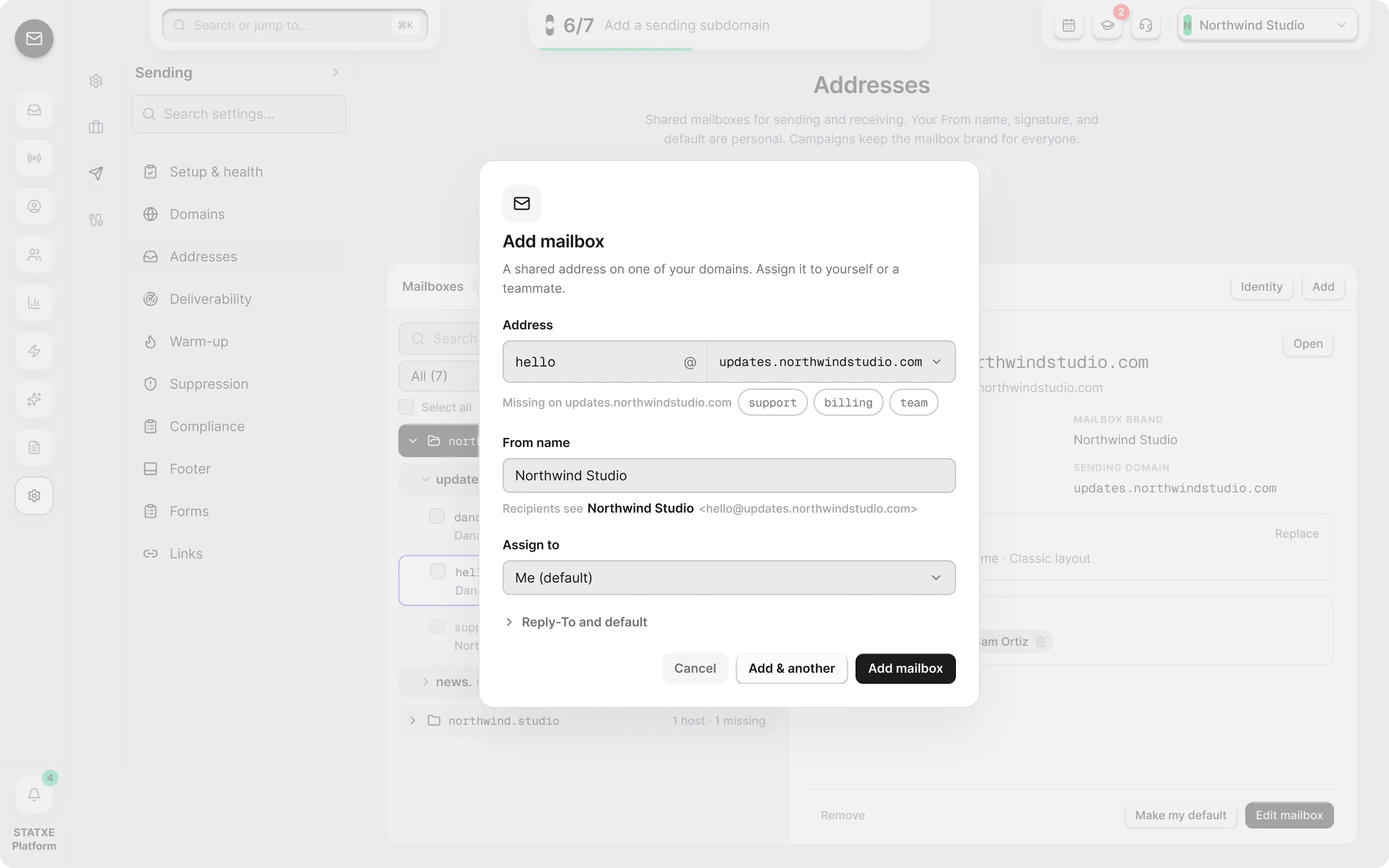 Create a sending address — Fill in the mailbox