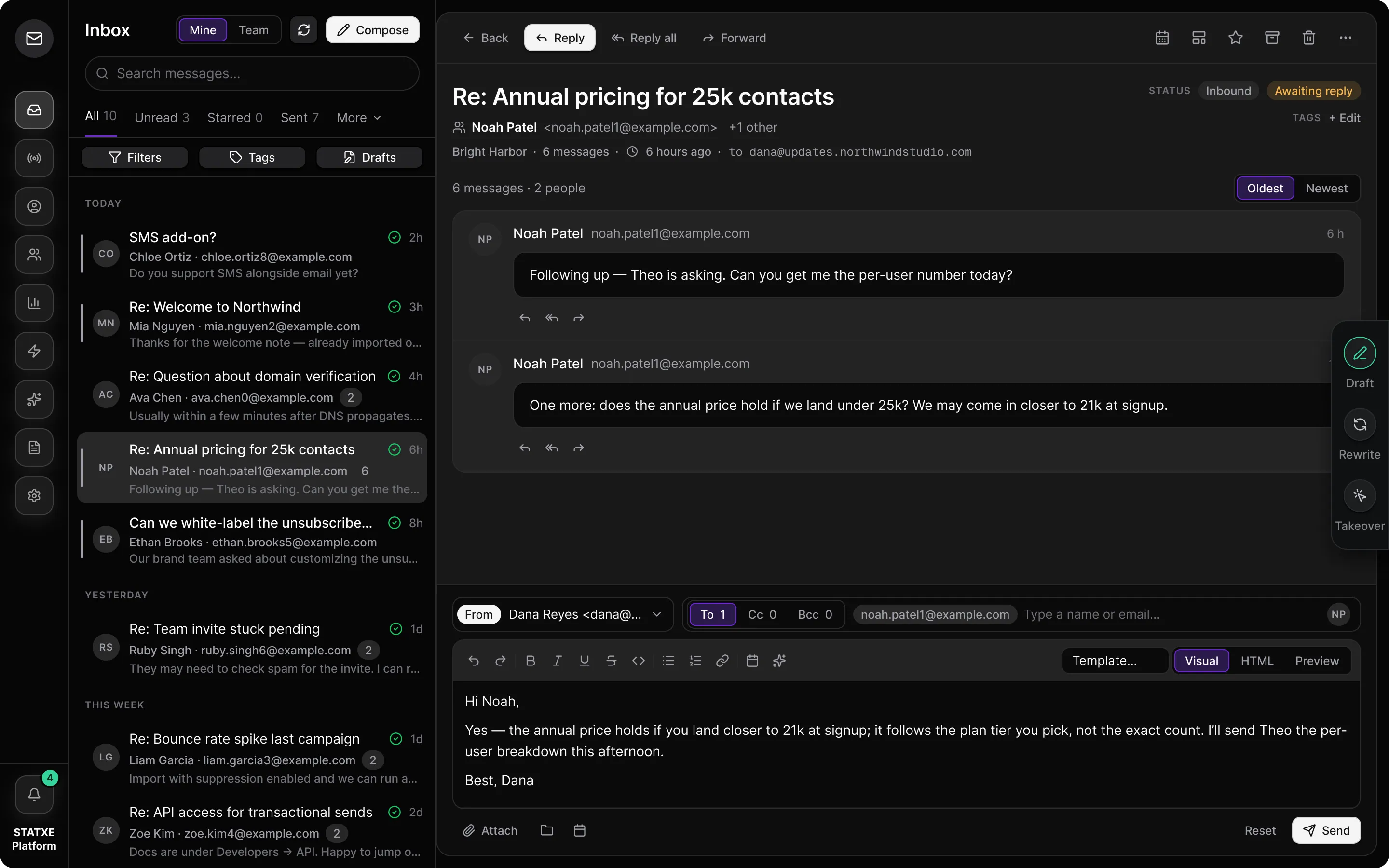 Draft with AI — Draft the reply, then send it yourself