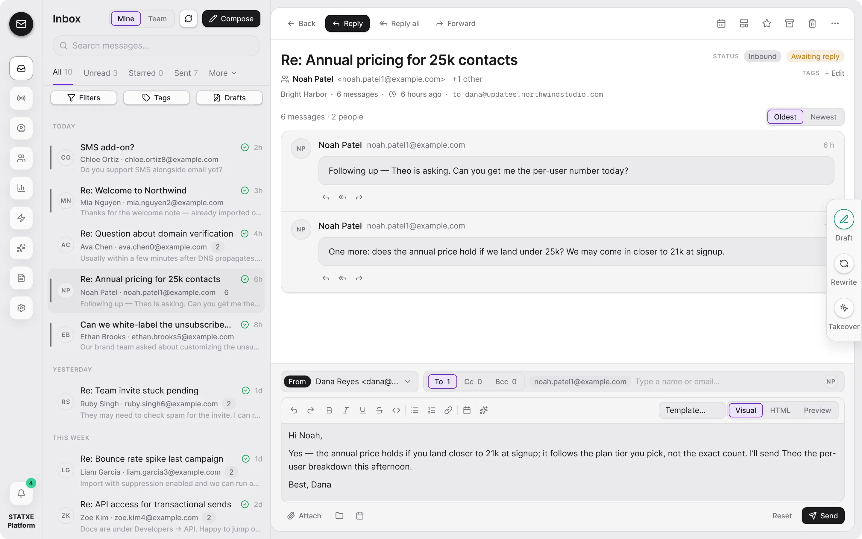 Draft with AI — Draft the reply, then send it yourself