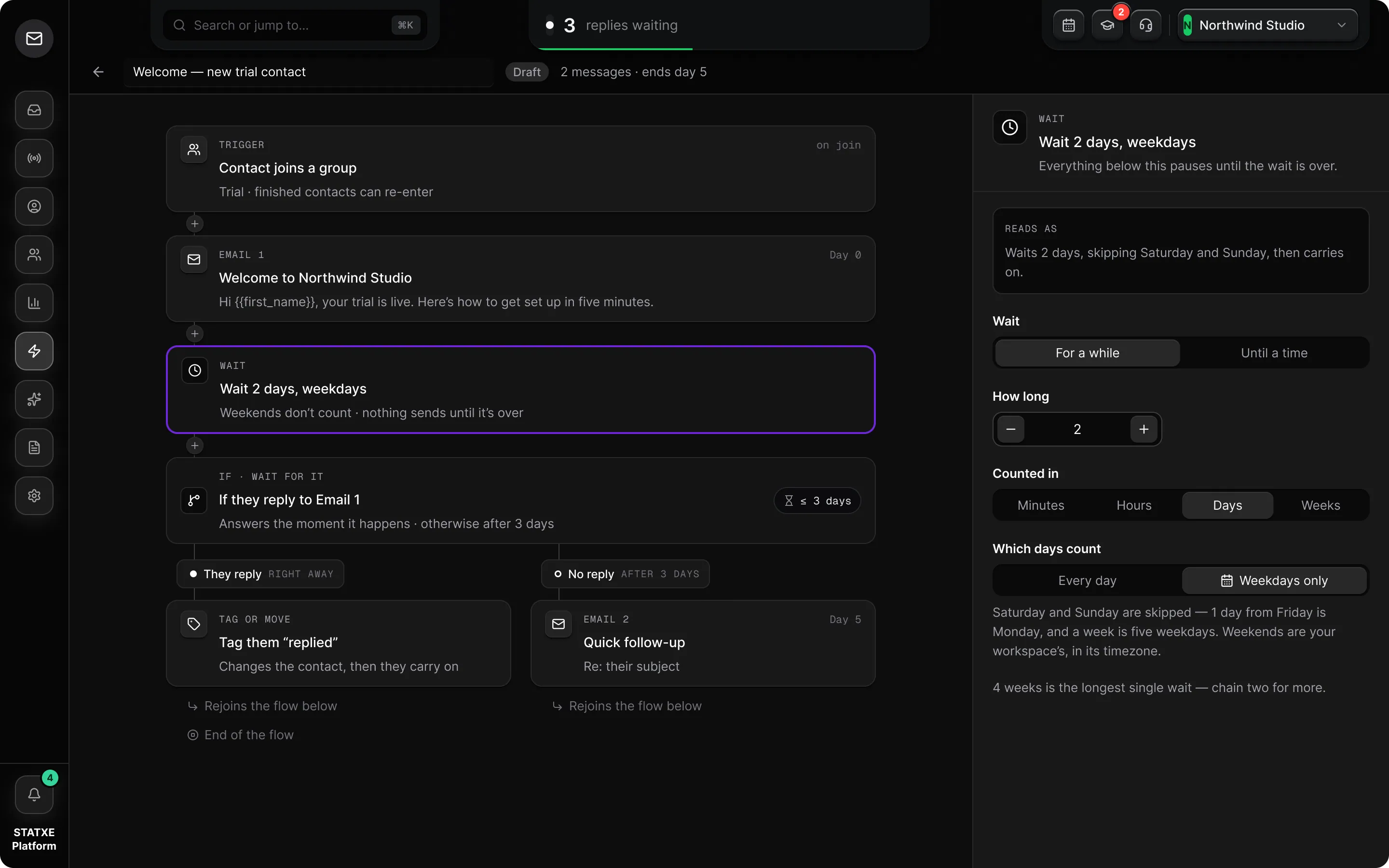 Add waits, conditions and actions — Set the wait, then fork on the reply