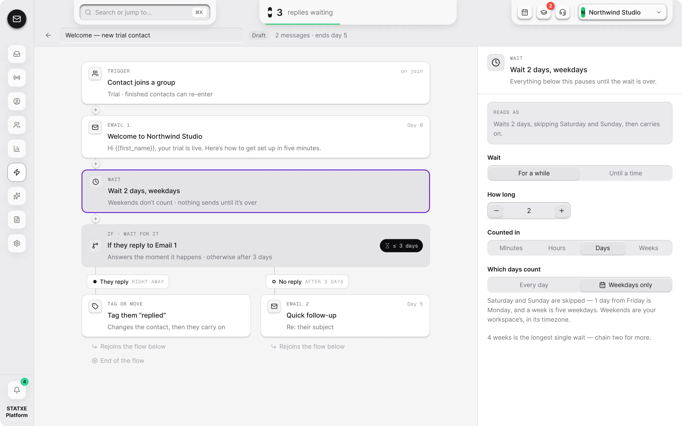 Add waits, conditions and actions — Set the wait, then fork on the reply