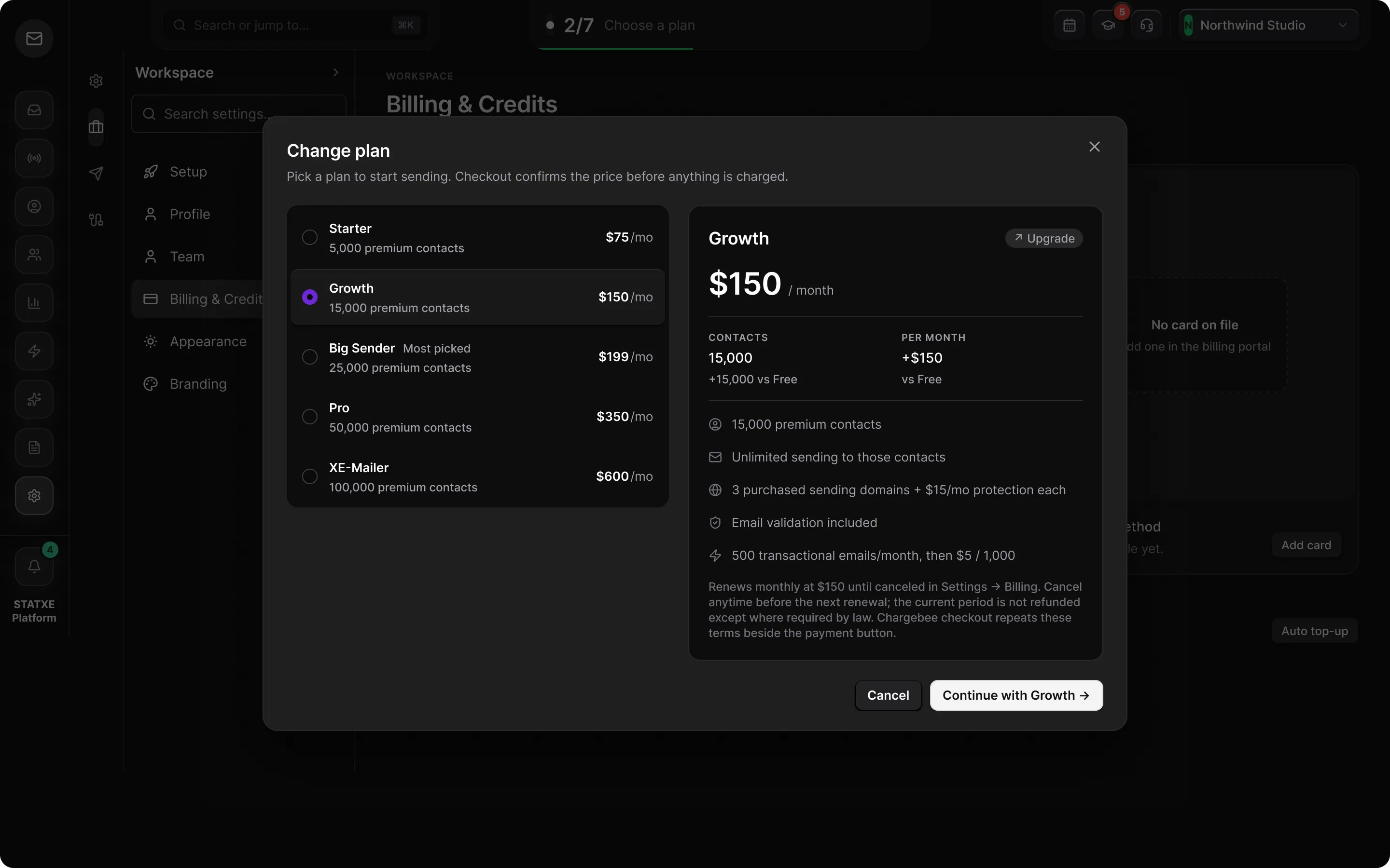 Activate billing — Pick a plan and check out