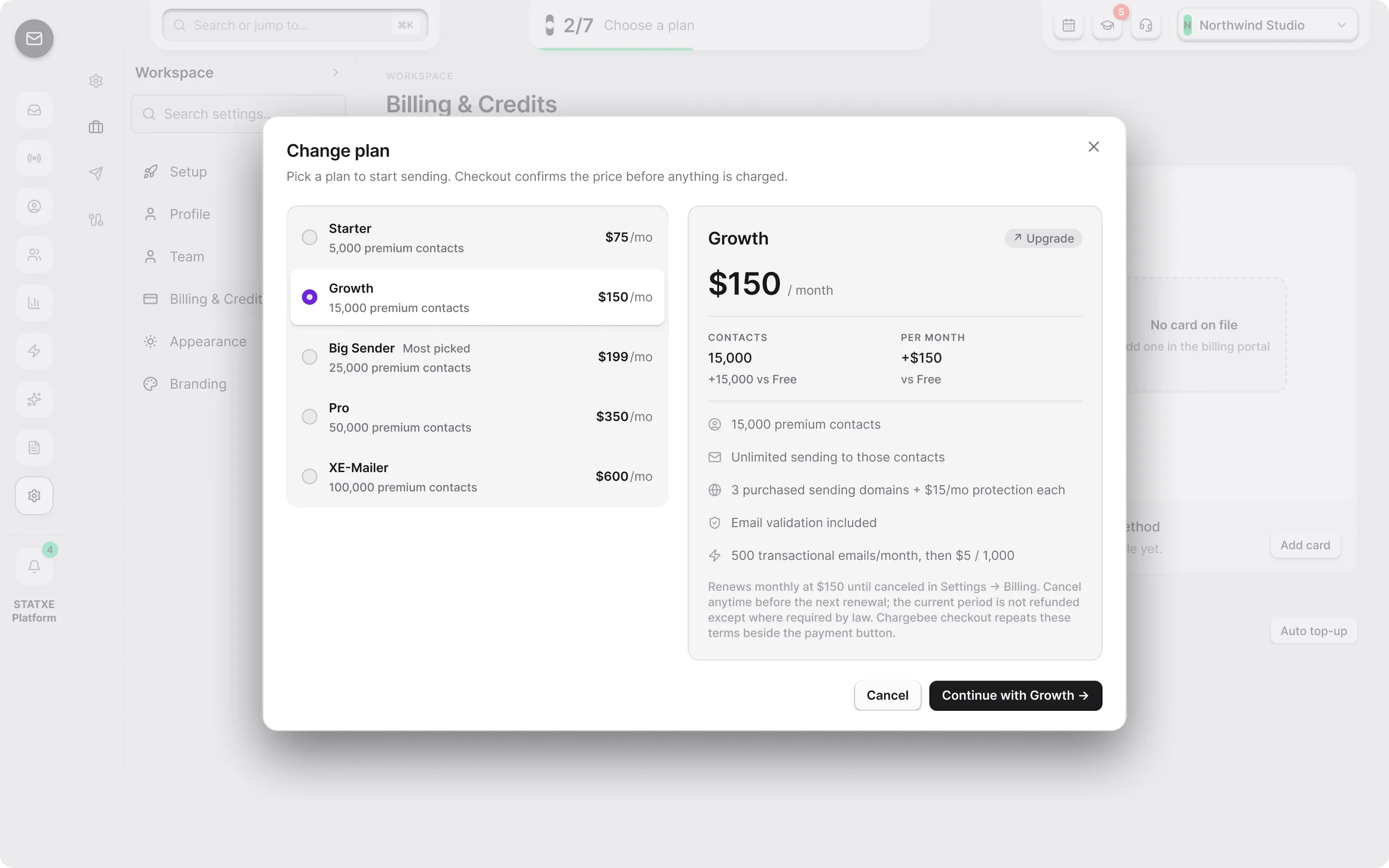 Activate billing — Pick a plan and check out