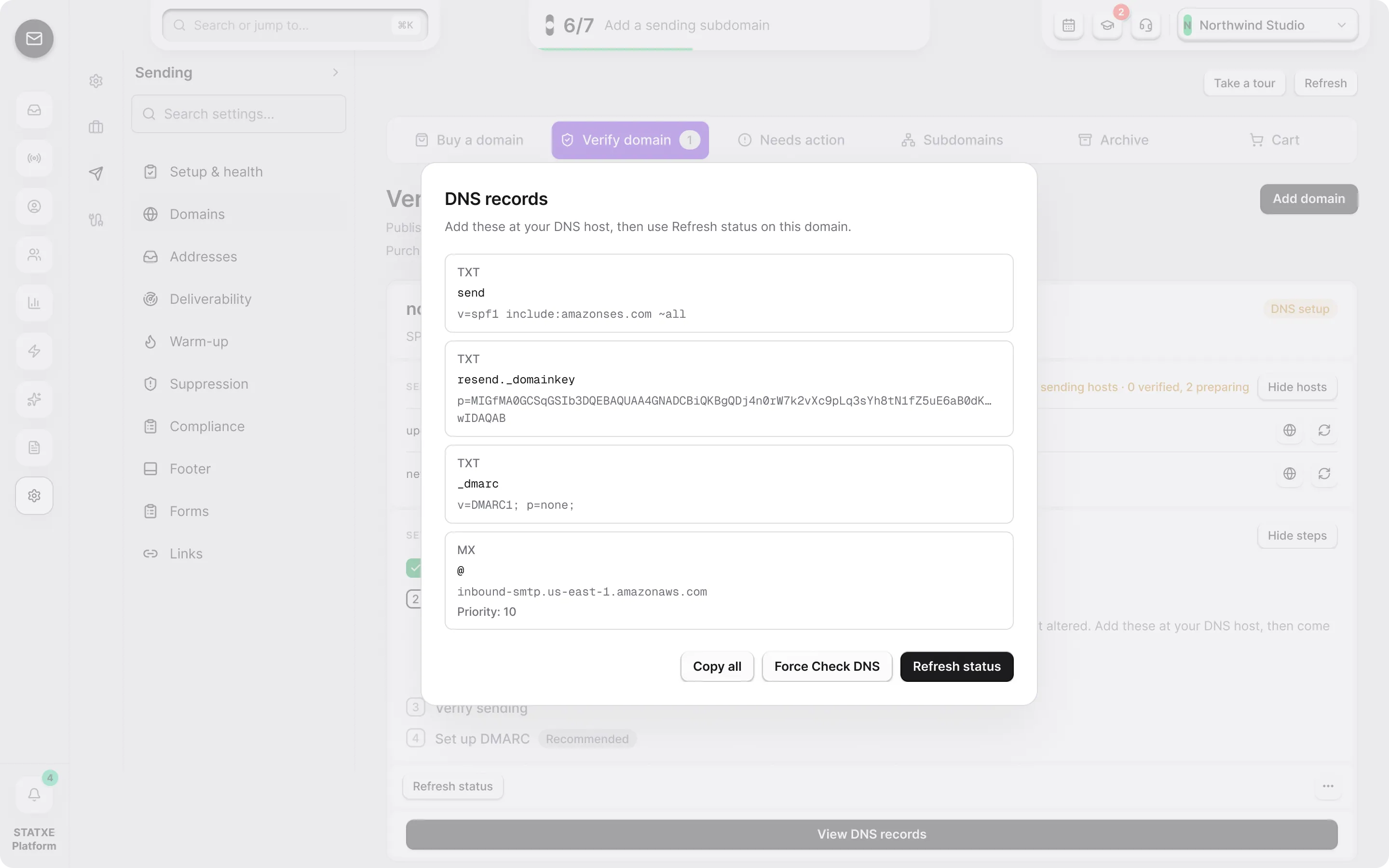 Verify a domain you own — Publish the records, then verify
