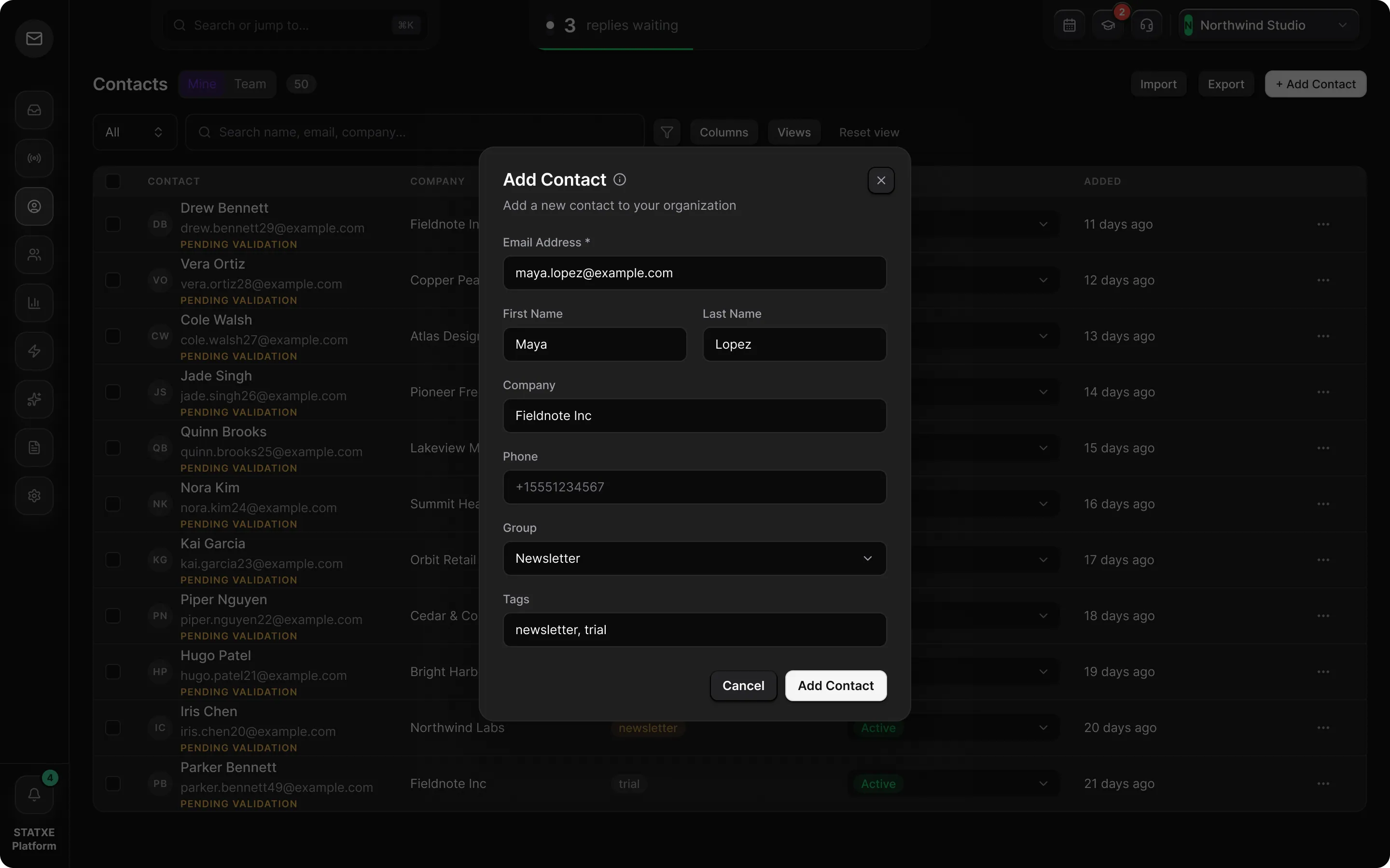 Add contacts — Fill in the contact