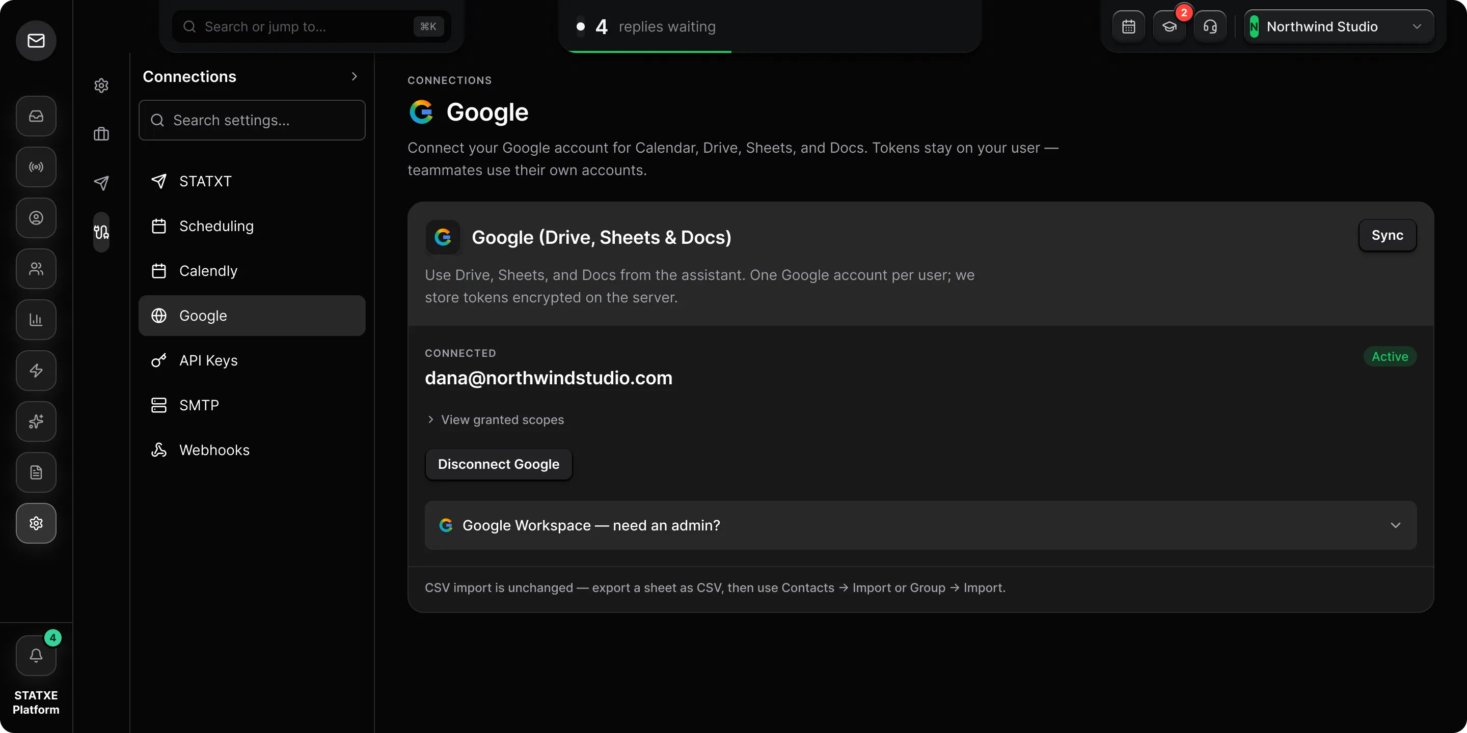 Connect Google — Check that it connected