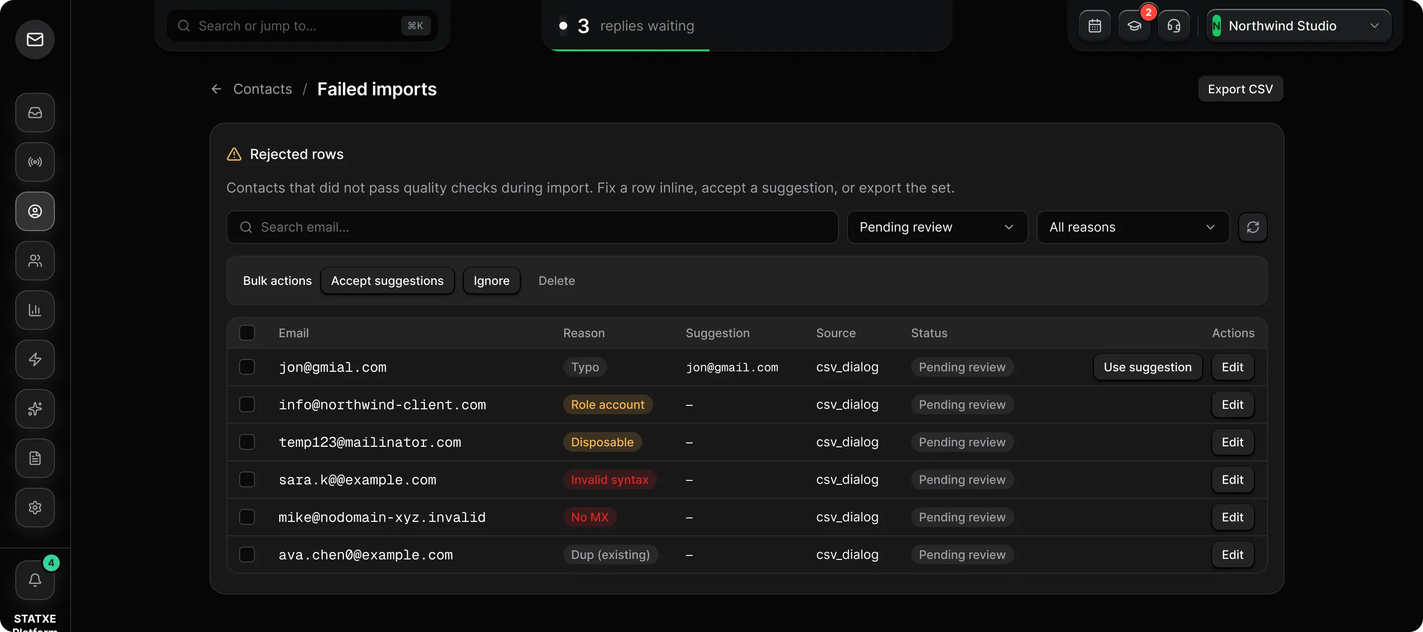 Import a list and fix failed rows — Fix the rejected rows
