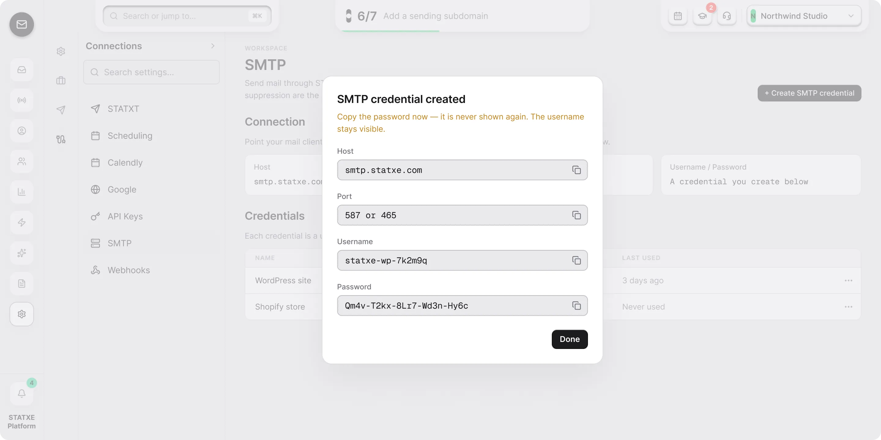 Connect SMTP — Copy the secret once