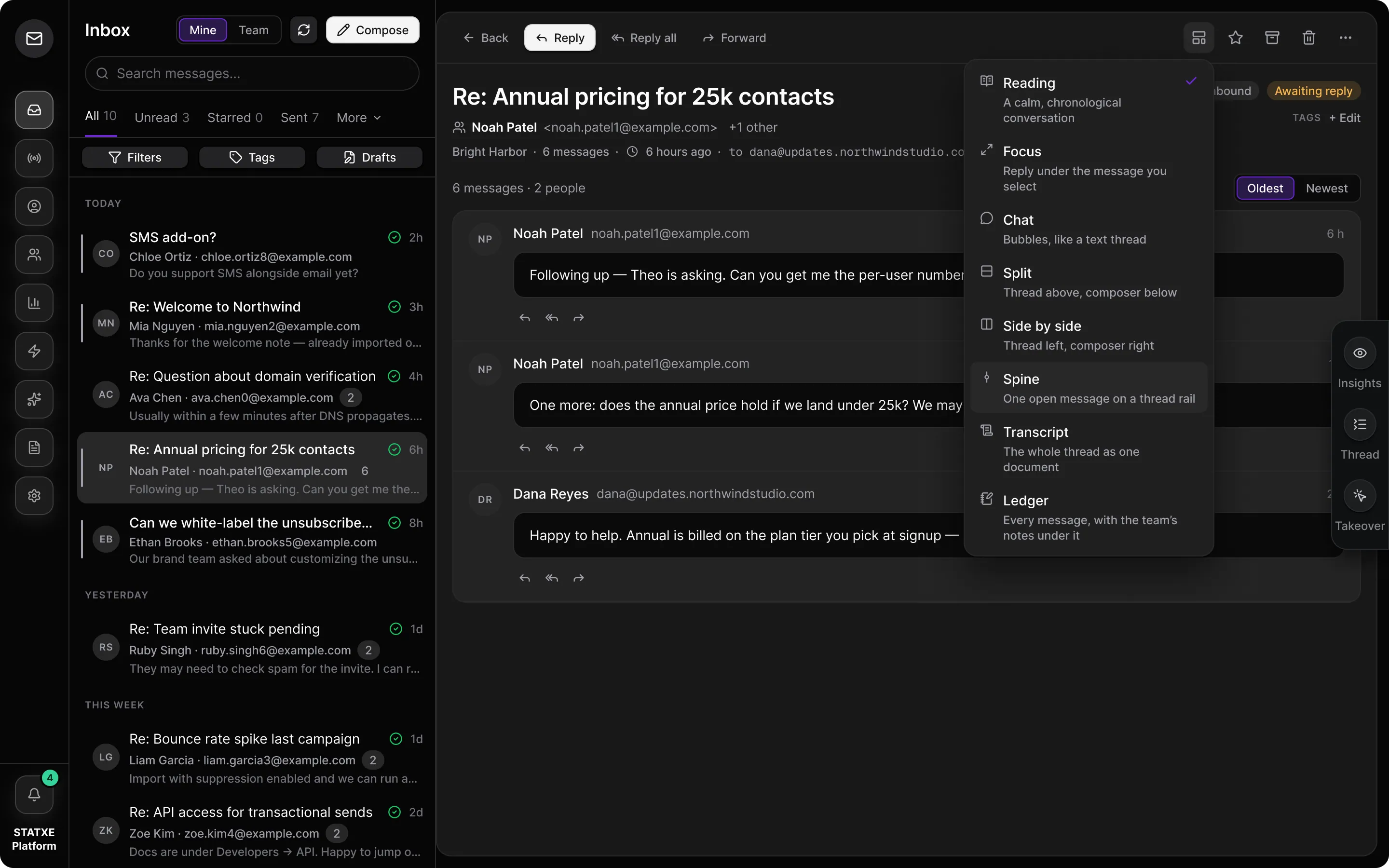 Pick a thread view — Open the reading layout menu