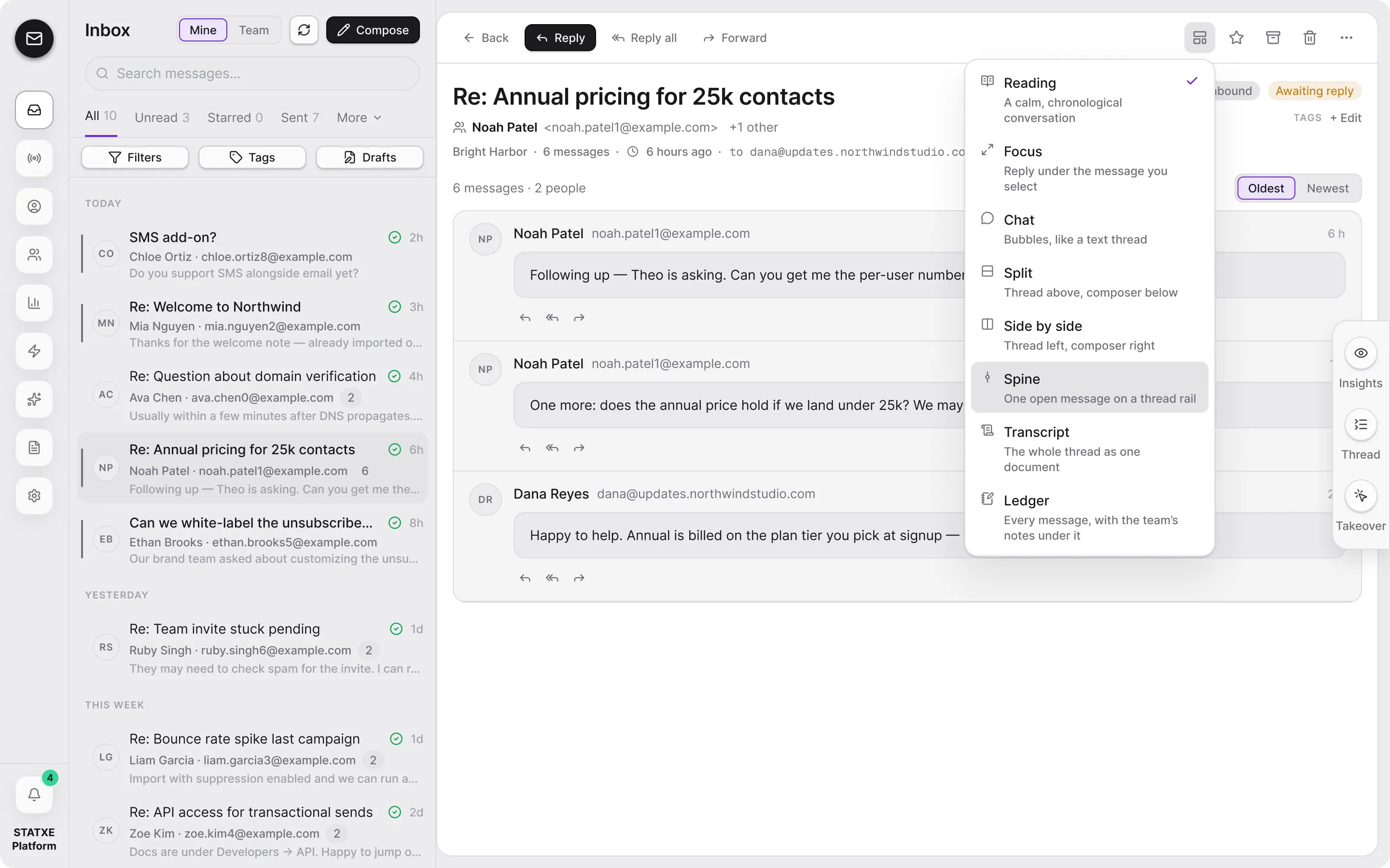 Pick a thread view — Open the reading layout menu