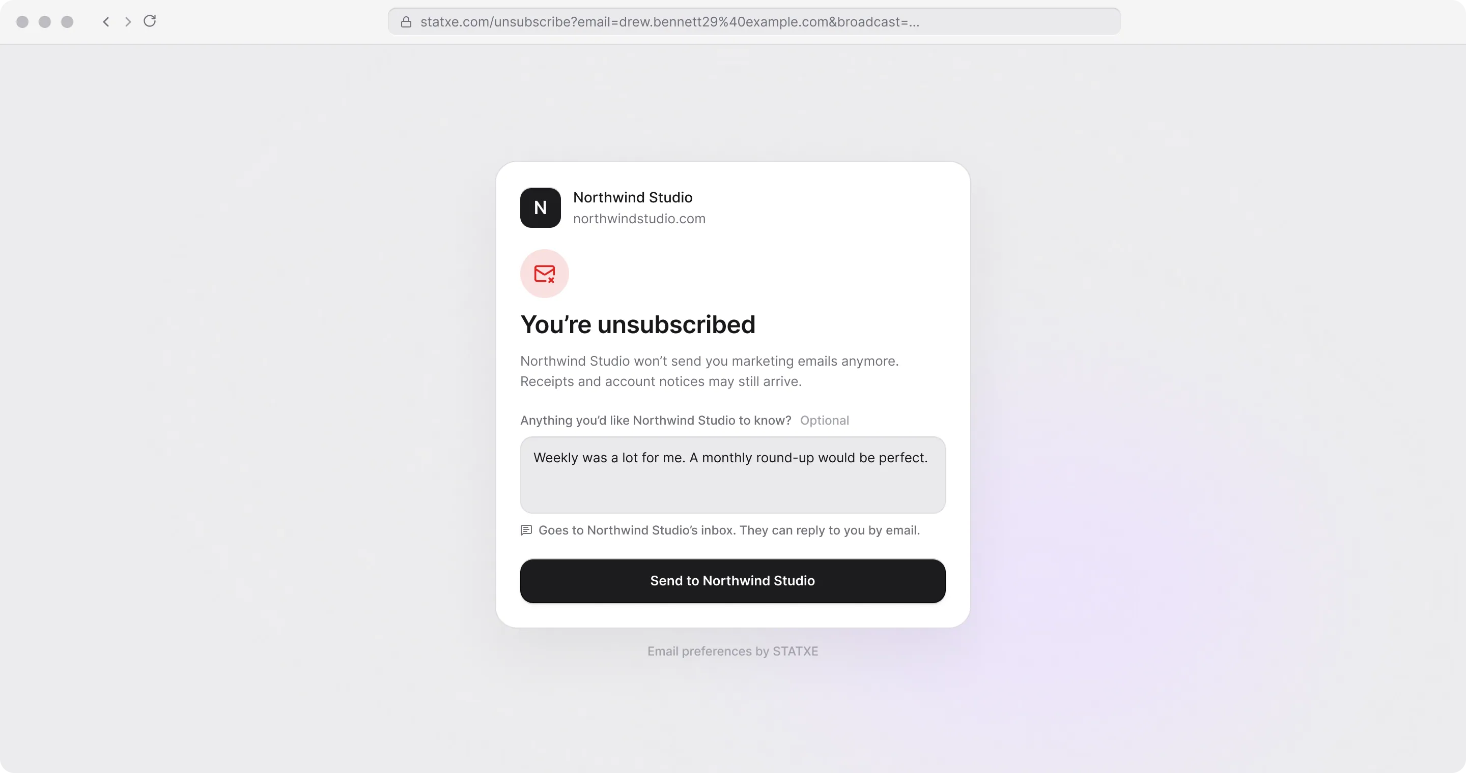 The unsubscribe page — Leave a note after