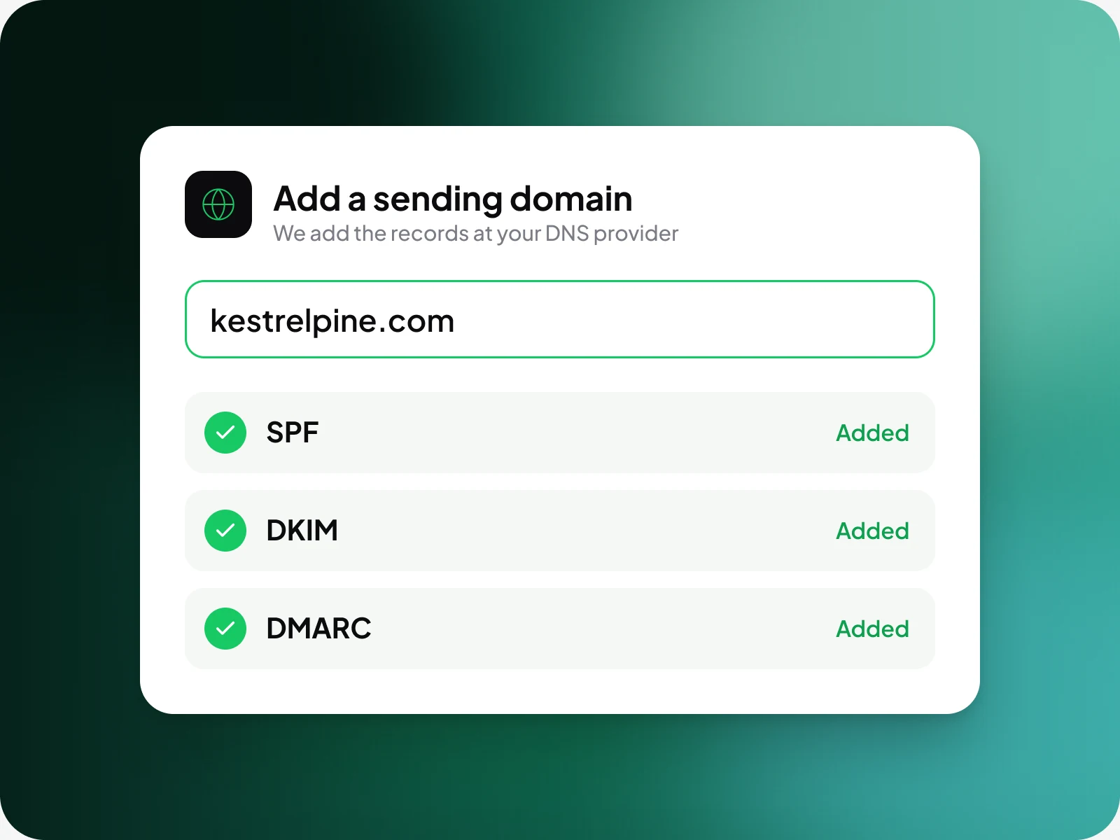 Adding kestrelpine.com as a sending domain, with SPF, DKIM and DMARC records added.