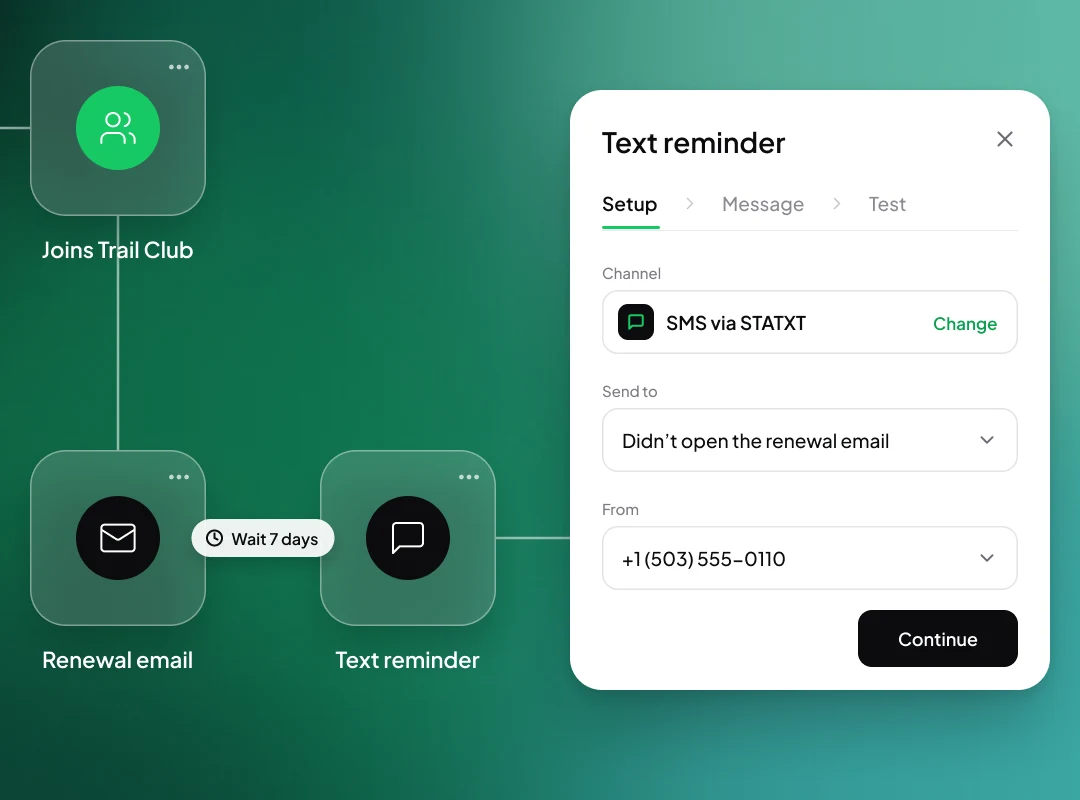 Facet helping finish a renewal flow, with the text reminder step being set up.