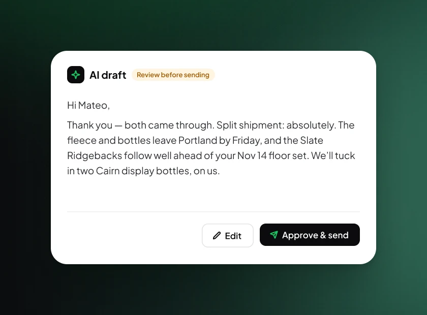 An AI-drafted reply to a wholesale customer, waiting for review with Edit and Approve & send.